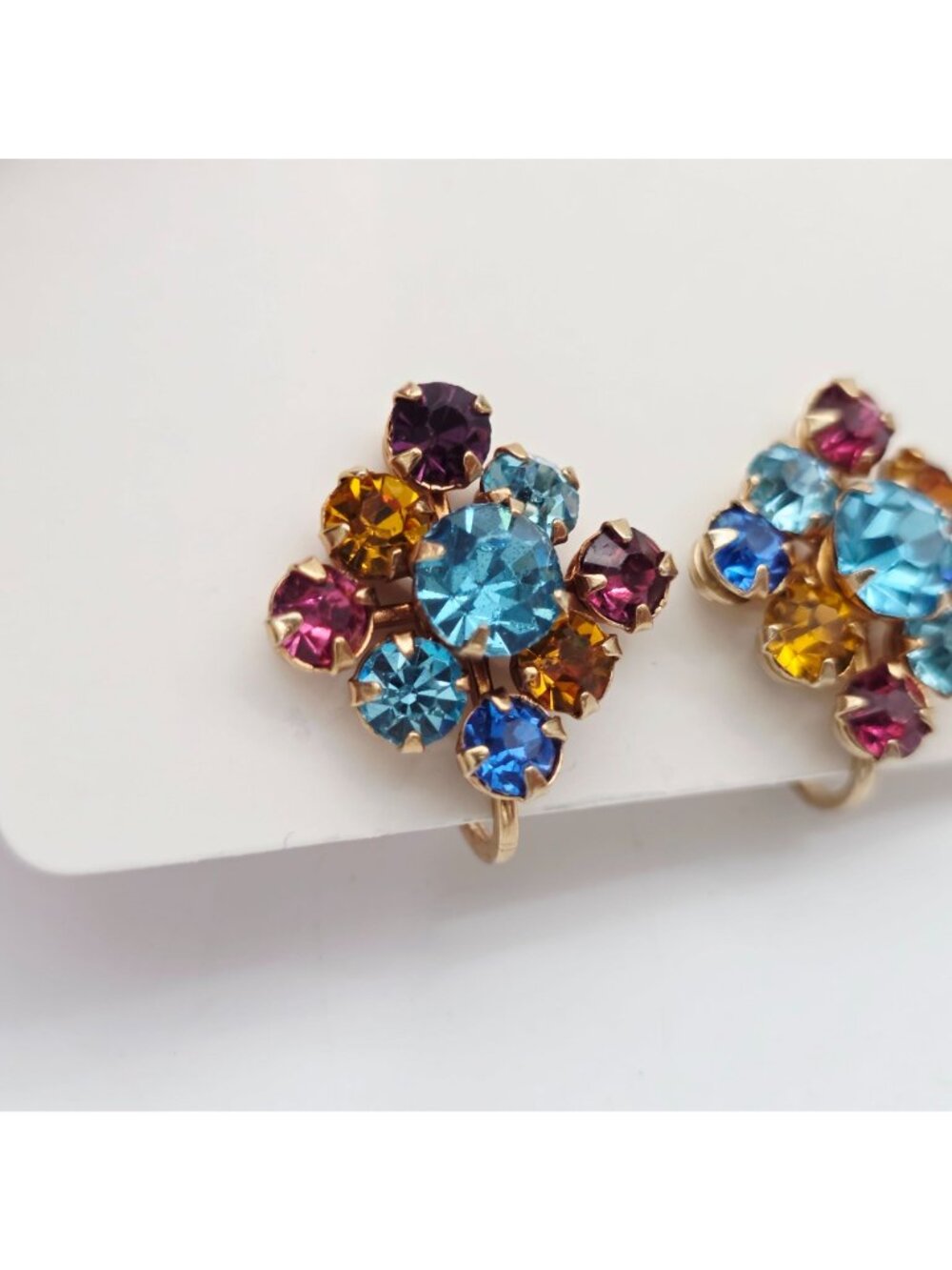 Vintage Multicolor Czech Crystal Screw-Back Earrings Gold-Tone Setting 3/4" - Picture 2 of 7